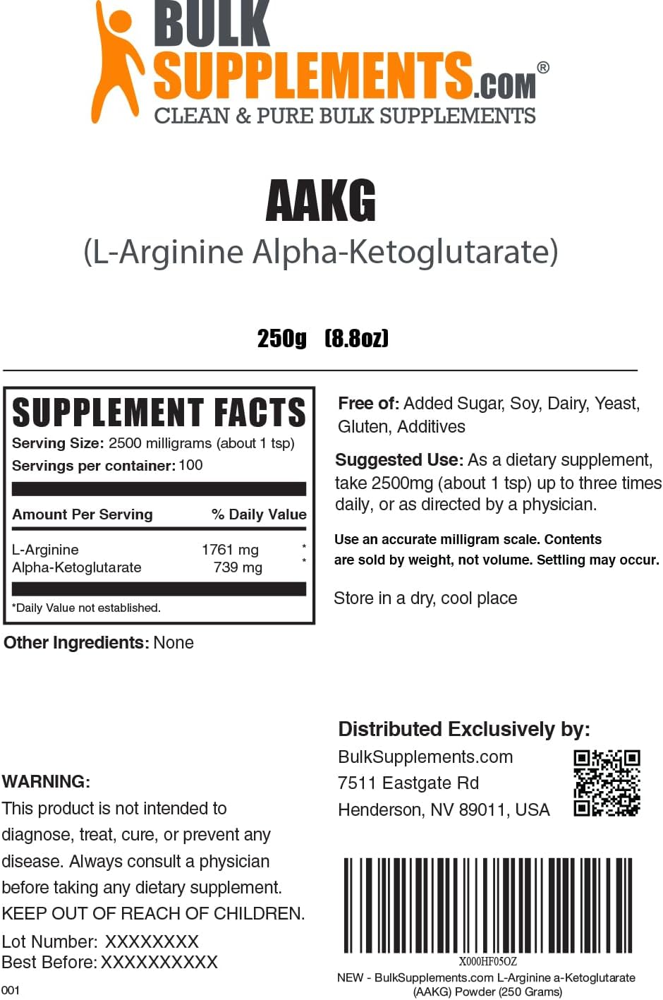 BulkSupplements AAKG Powder - 2500mg per Serving, Gluten Free Arginine Alpha-Ketoglutarate Supplement - Unflavored, 250g (8.8 oz)