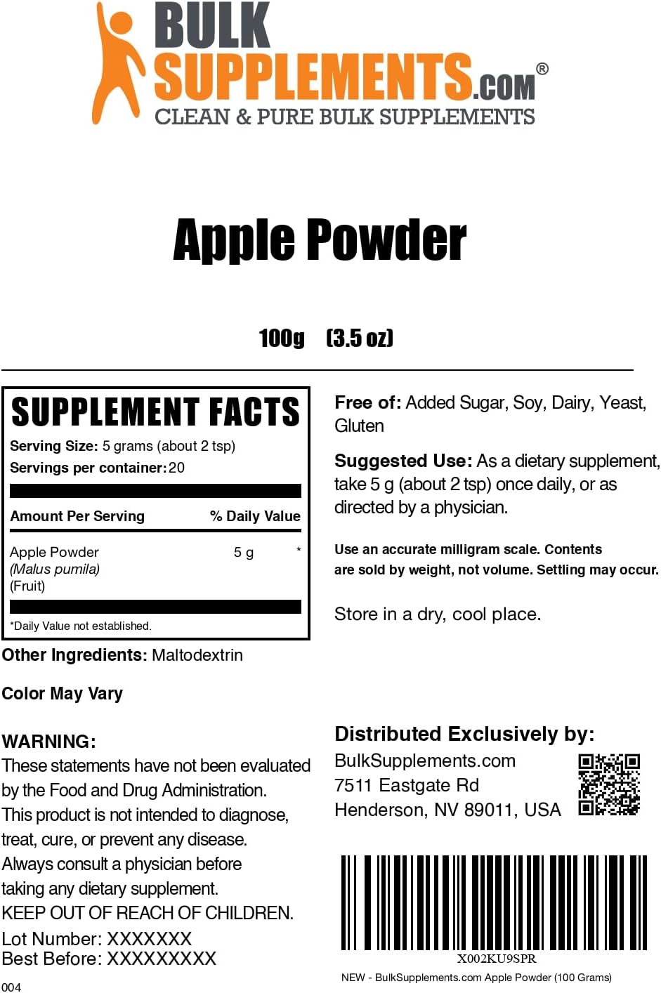 BulkSupplements Apple Fruit Powder - Natural Superfood for Digestive Support, Gluten-Free, 100g (3.5 oz)