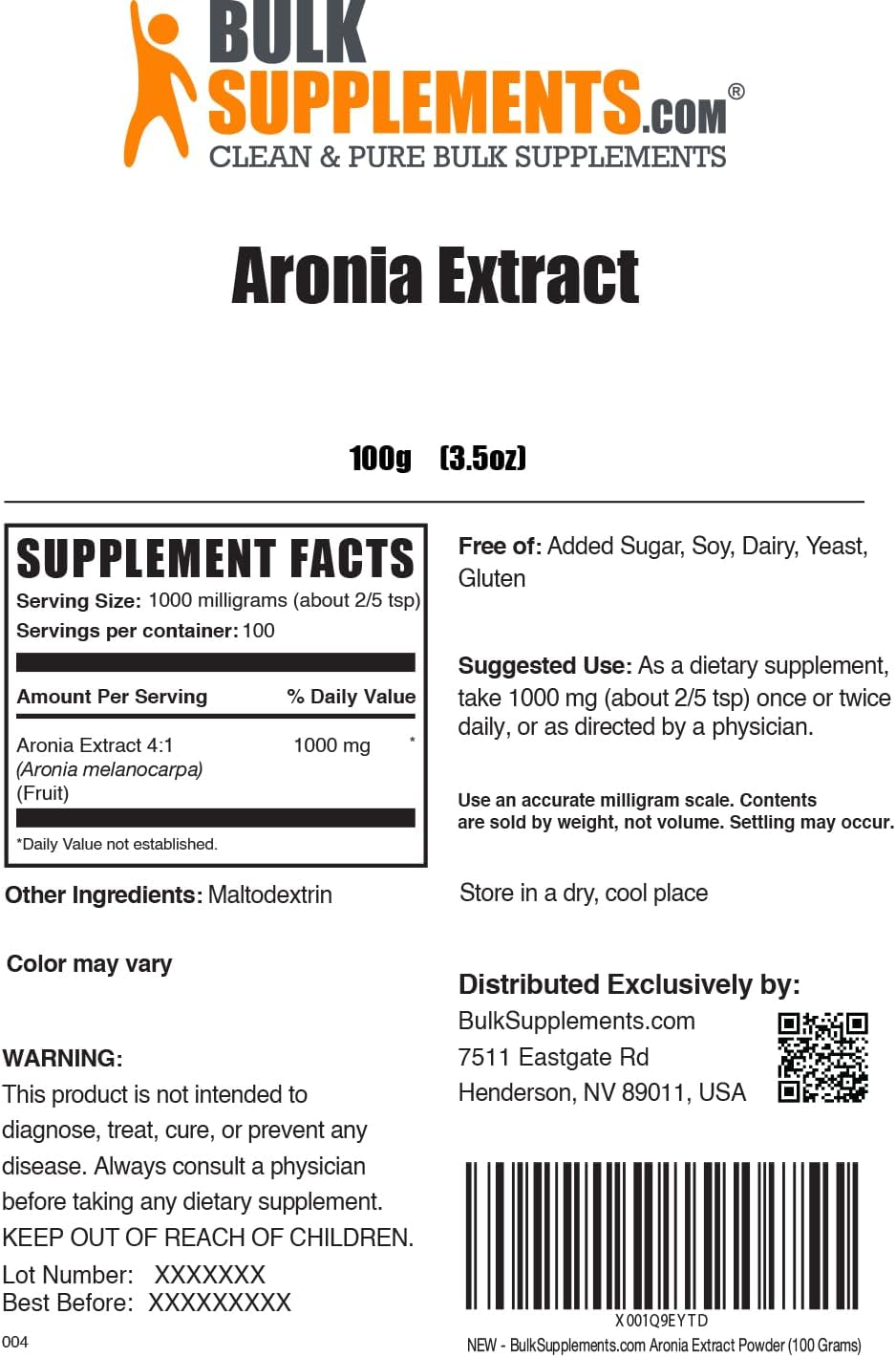 BulkSupplements Aronia Berry Extract Powder - 1000mg per Serving, Gluten Free Chokeberry Supplement - 100g (3.5 oz) (1 Pack)