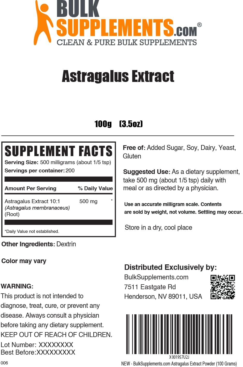 BulkSupplements Astragalus Root Extract Powder - 500mg per Serving - 100g (3.5 oz) - Vegan & Gluten Free - Astragalus Supplement Pack of 1