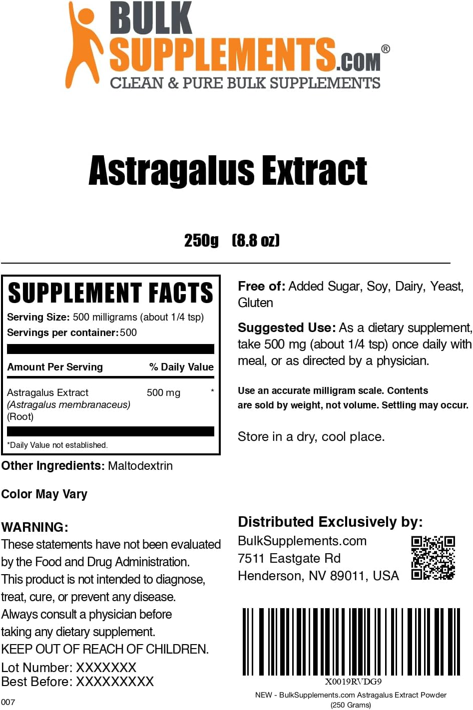 BulkSupplements Astragalus Root Extract Powder - Vegan & Gluten-Free Supplement - 500mg per Serving - 250g (8.8 oz) Pack