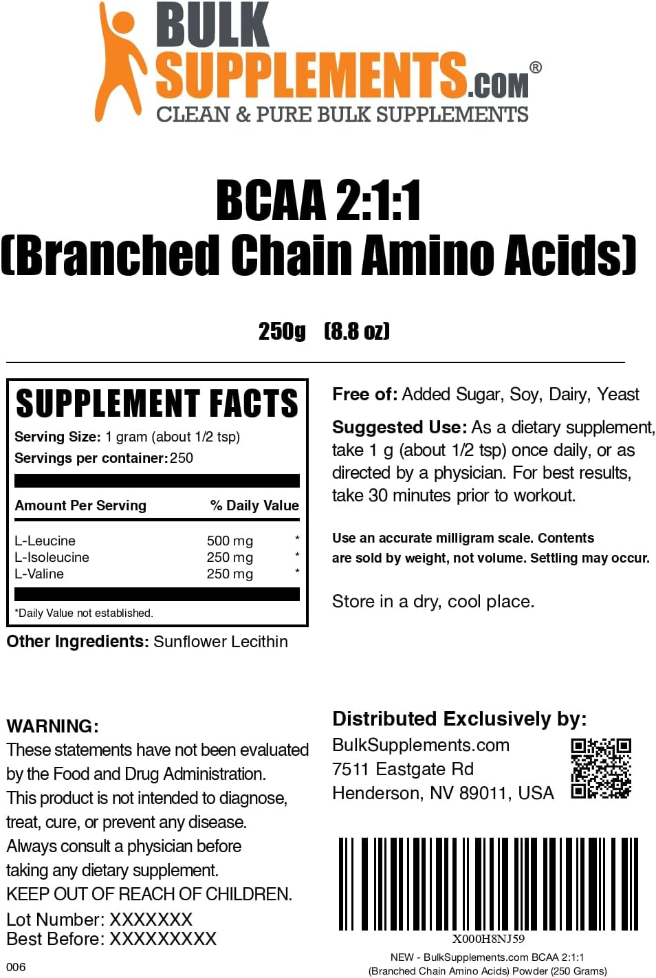 BulkSupplements BCAA Powder 2:1:1 - Unflavored Gluten Free Amino Acids Supplement 250g
