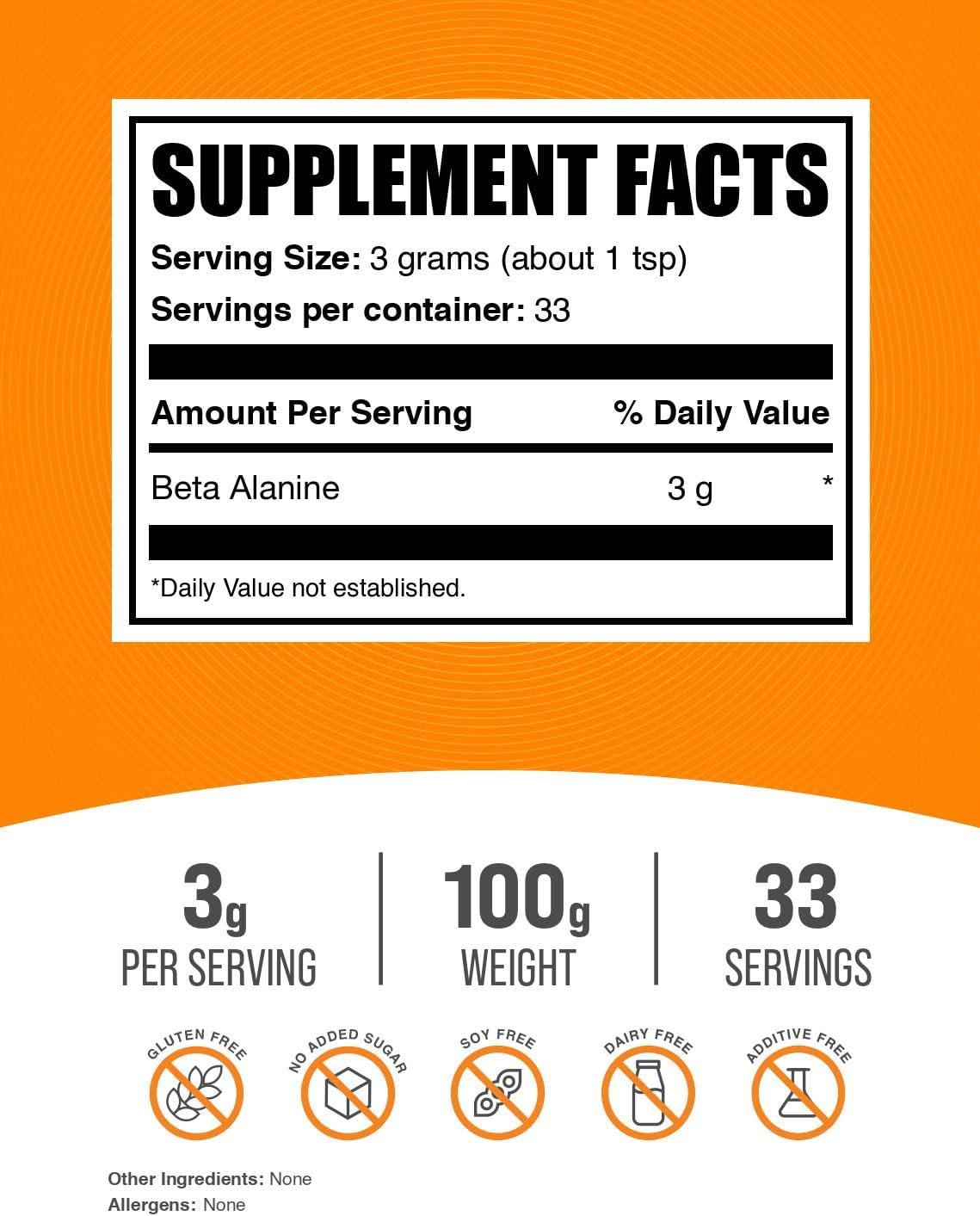 BulkSupplements Beta Alanine Powder - 3000mg Pre Workout Supplement, Unflavored & Gluten Free - 100g (3.5 oz) Pack of 1