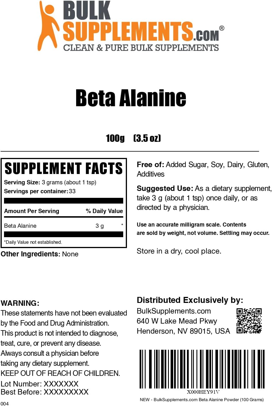BulkSupplements Beta Alanine Powder - 3000mg Pre Workout Supplement, Unflavored & Gluten Free - 100g (3.5 oz) Pack of 1