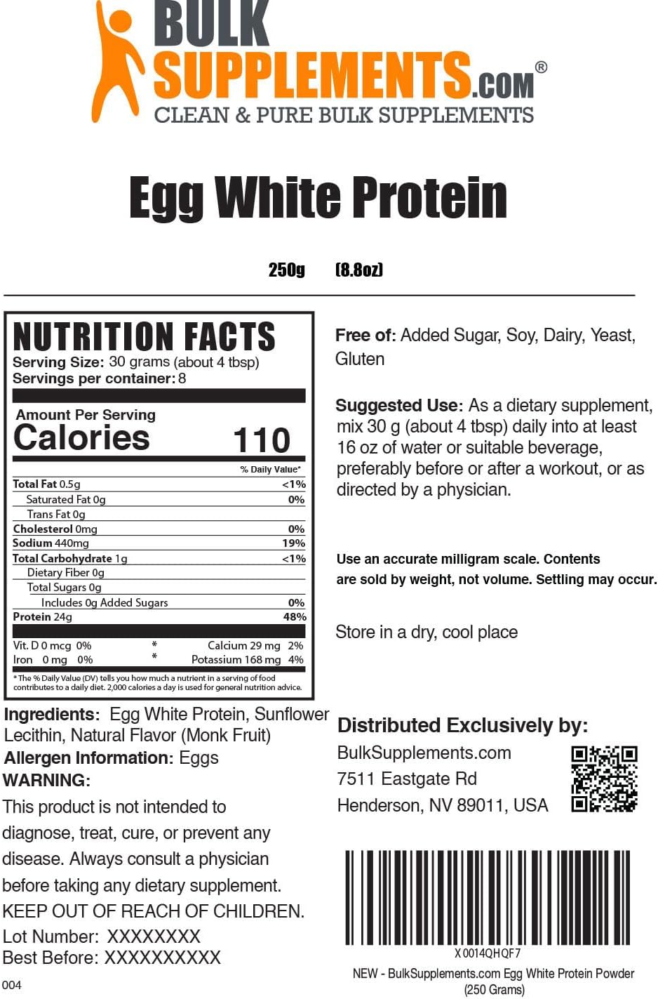 BulkSupplements Egg White Protein Powder - Pure Albumin Powder, Lactose & Dairy Free - Unflavored, Gluten Free - 250g (8.8 oz)