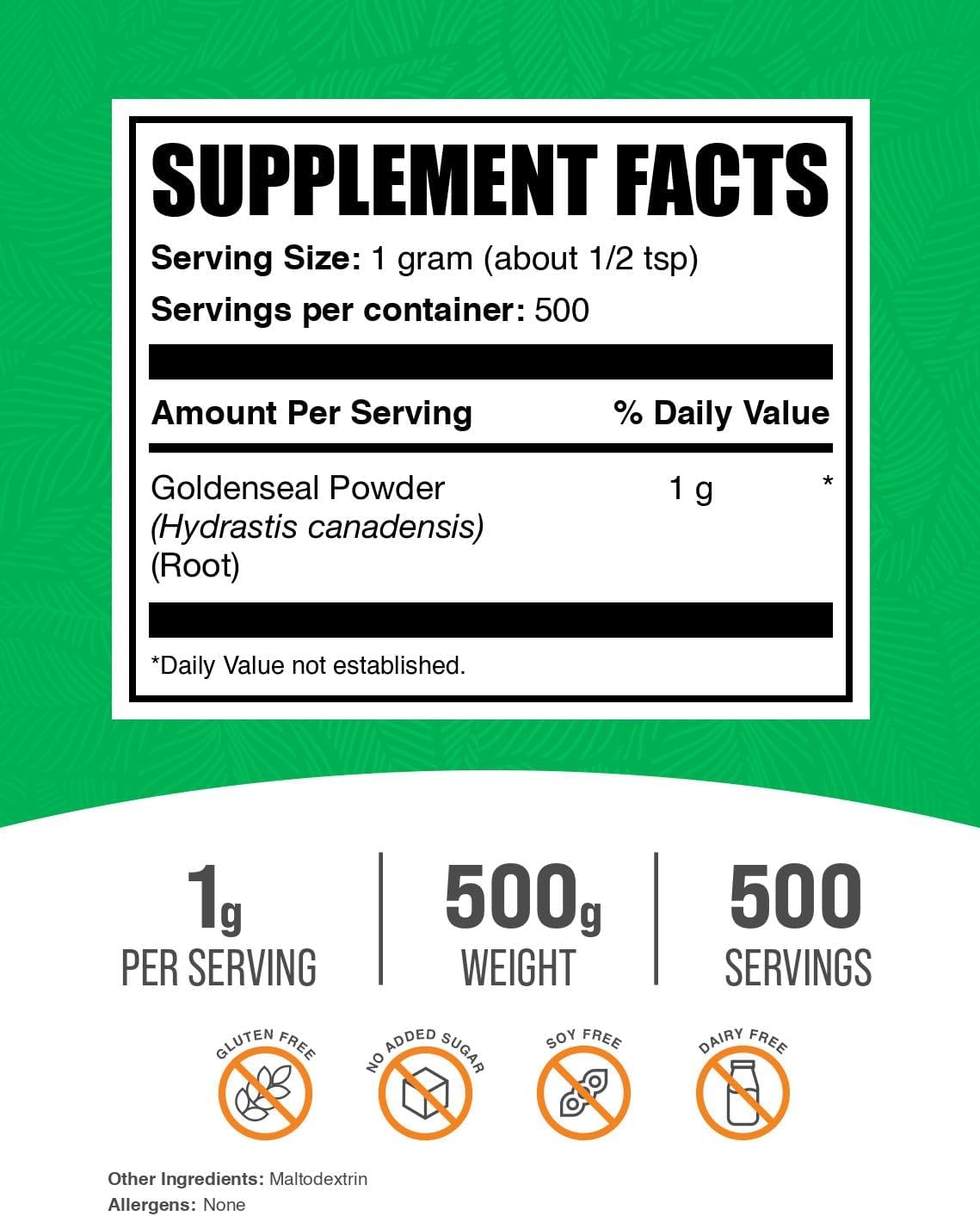BulkSupplements Goldenseal Root Powder - 1000mg per Serving, Herbal Supplement, Gluten-Free, 500g (1.1 lbs) - Pack of 1