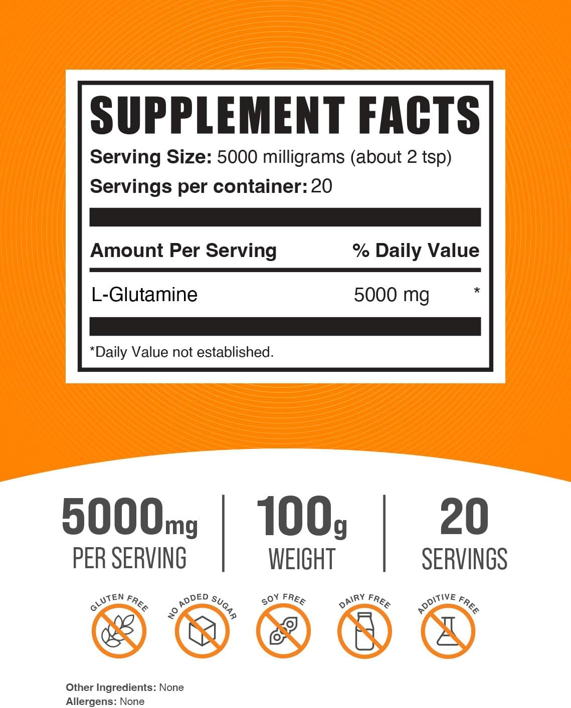 BulkSupplements L-Glutamine Powder - 5000mg Glutamine Supplement, Unflavored, Gluten Free - 100g (Pack of 1)