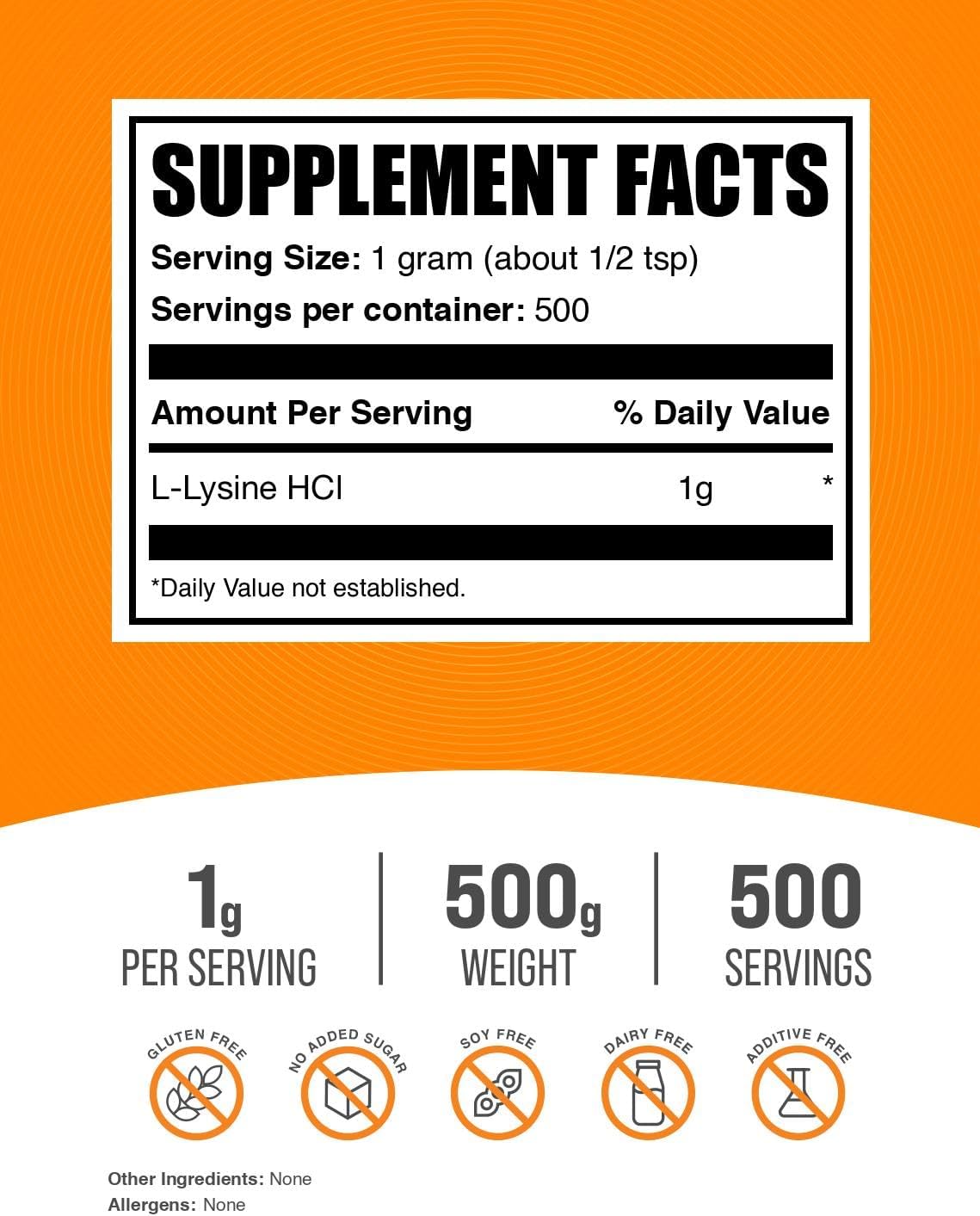BulkSupplements L-Lysine Powder 500g - L-Lysine HCl Supplement for Immune Support - Gluten Free, 1000mg per Serving - Pack of 1, 1.1 lbs