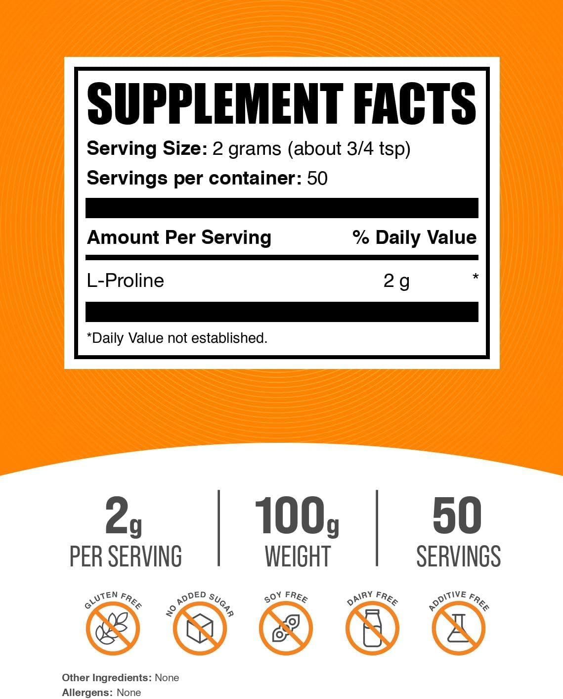 BulkSupplements L-Proline Powder - 100g (3.5 oz) - Unflavored Amino Acid Supplement - Gluten Free - 2000mg per Serving - 50 Servings