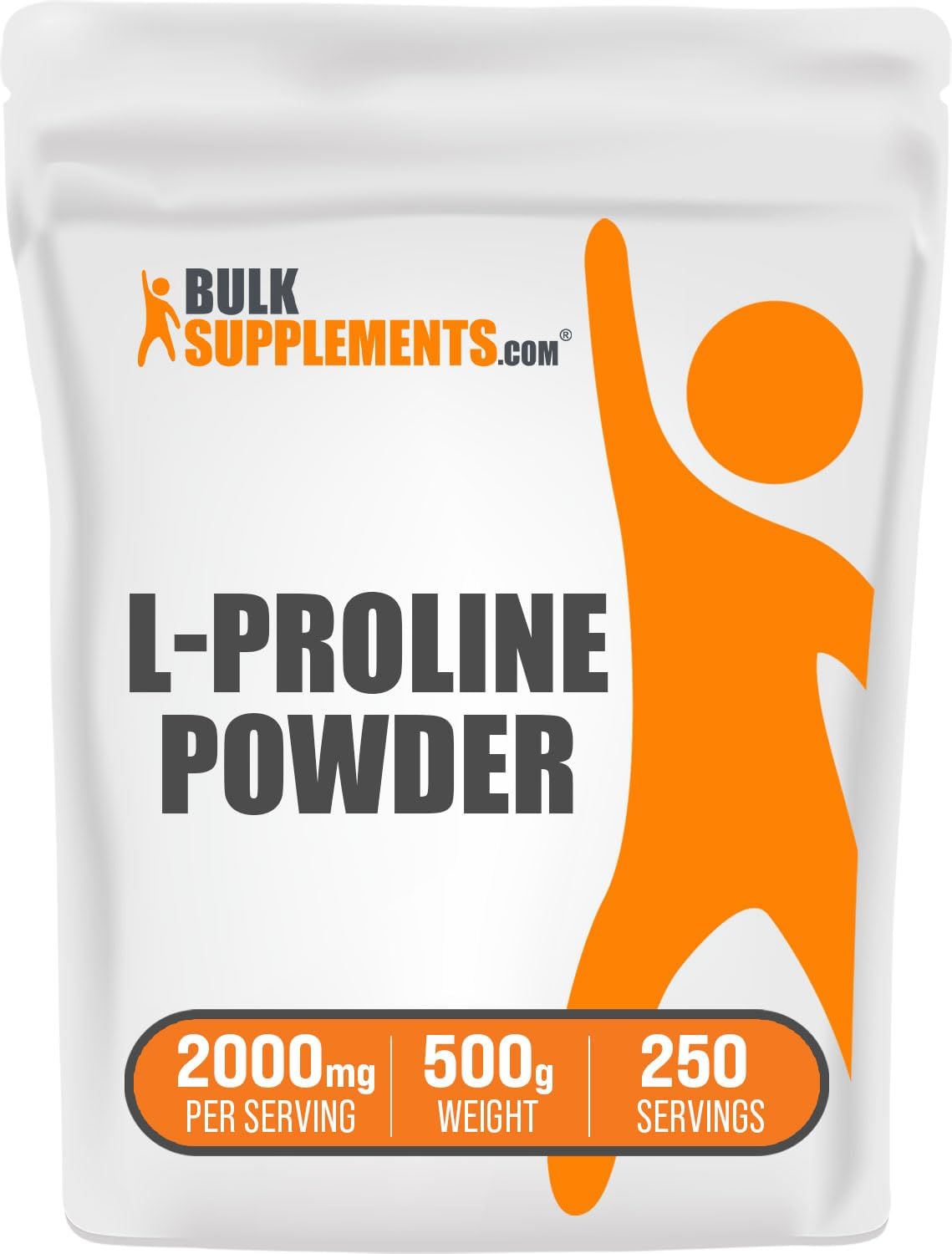 BulkSupplements L-Proline Powder - 2000mg Amino Acid Supplement, Unflavored & Gluten-Free - 250 Servings, 500g Pack