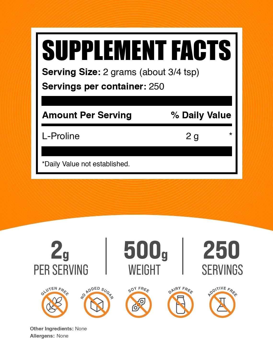 BulkSupplements L-Proline Powder - 2000mg Amino Acid Supplement, Unflavored & Gluten-Free - 250 Servings, 500g Pack