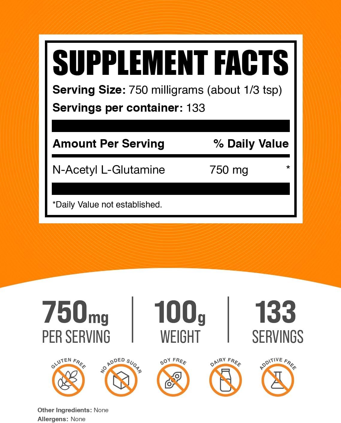 BulkSupplements N-Acetyl L-Glutamine Powder - 100g (3.5 oz) - Gut Health & Recovery - Gluten Free - 750mg per Serving - L Glutamine Supplement