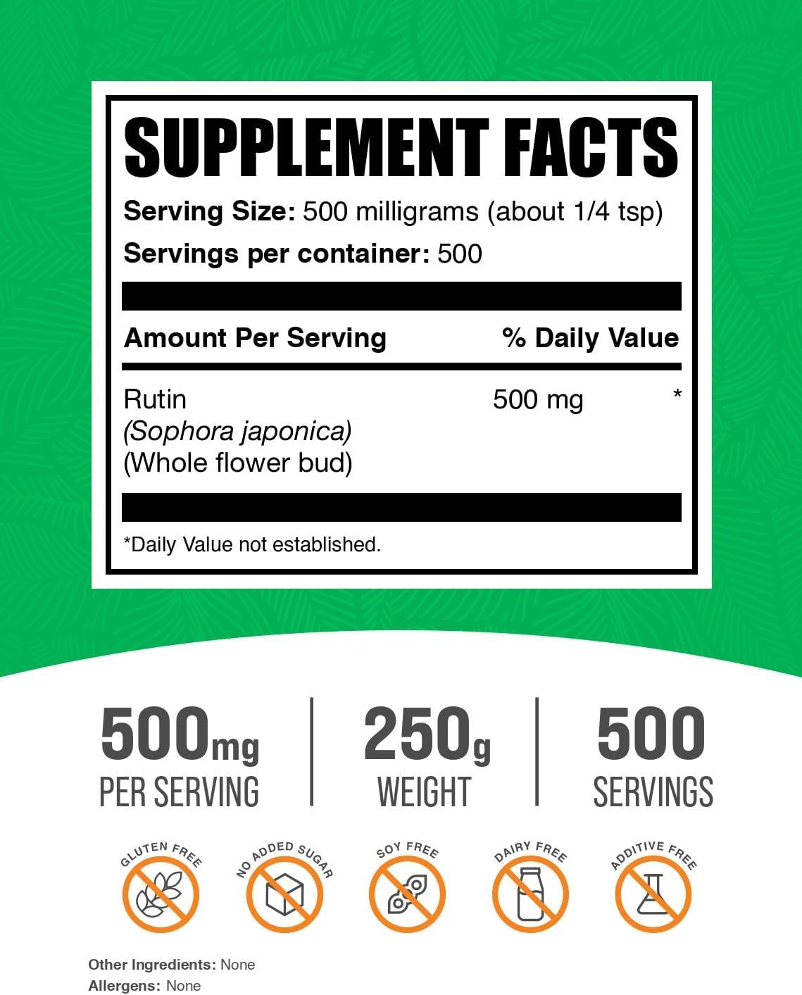 BulkSupplements Rutin Powder - Pure Sophora Japonica Extract, 500mg Rutin Supplement - Antioxidant Boost, Soy Free, 250g (8.8 oz) Pack