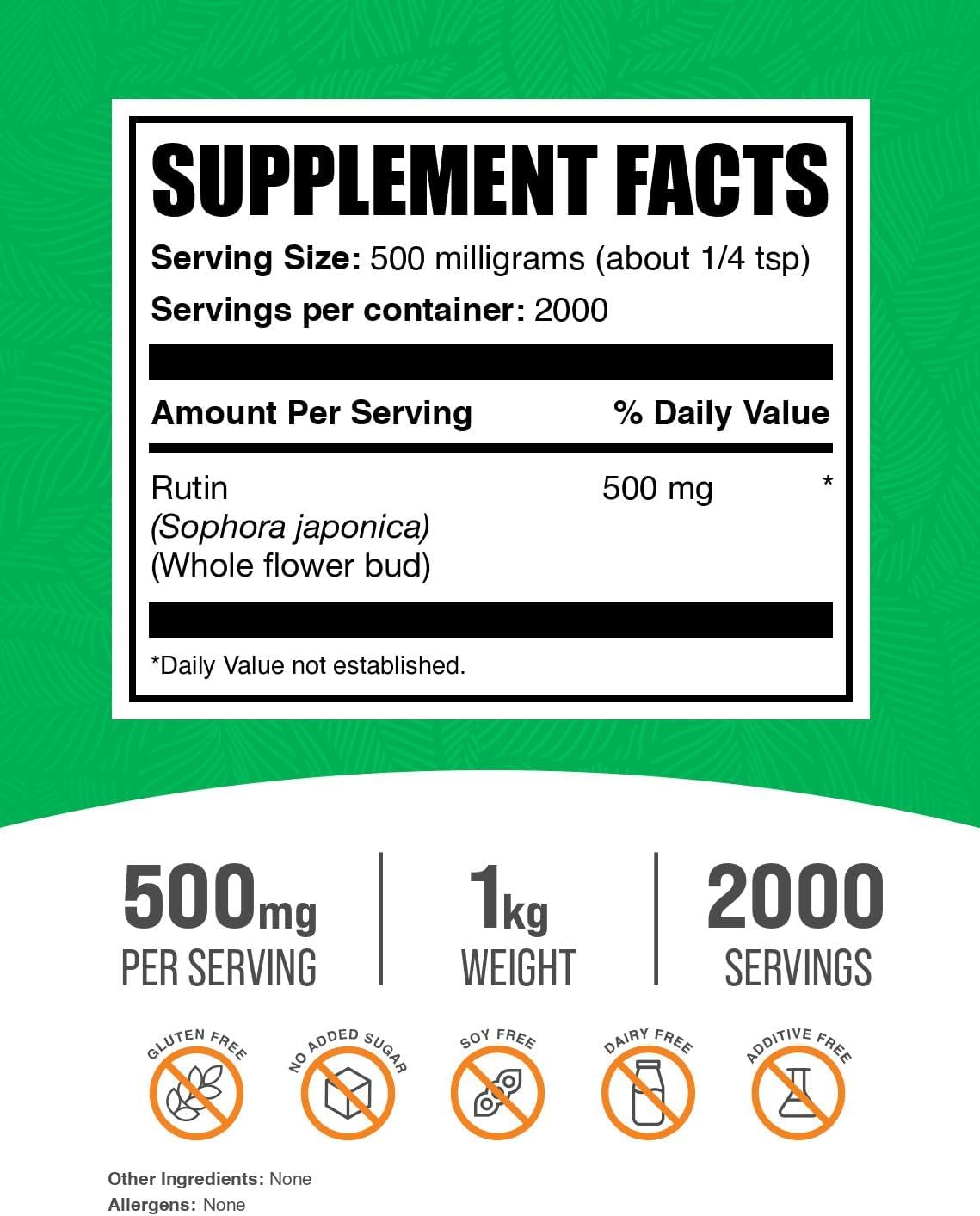 BulkSupplements Rutin Powder 1kg - Sophora Japonica Extract, 500mg Rutin Supplement per Serving - Antioxidant Source, Non-GMO, Soy Free - Pack of 1