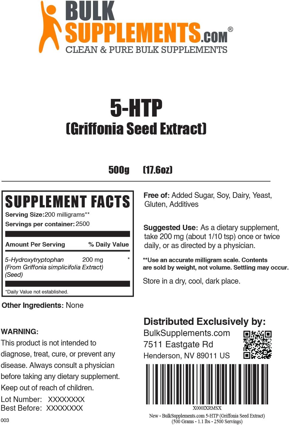 BulkSupplements.com 5-HTP Powder - 200mg Mood Support Supplement - Gluten Free - 500g Pack