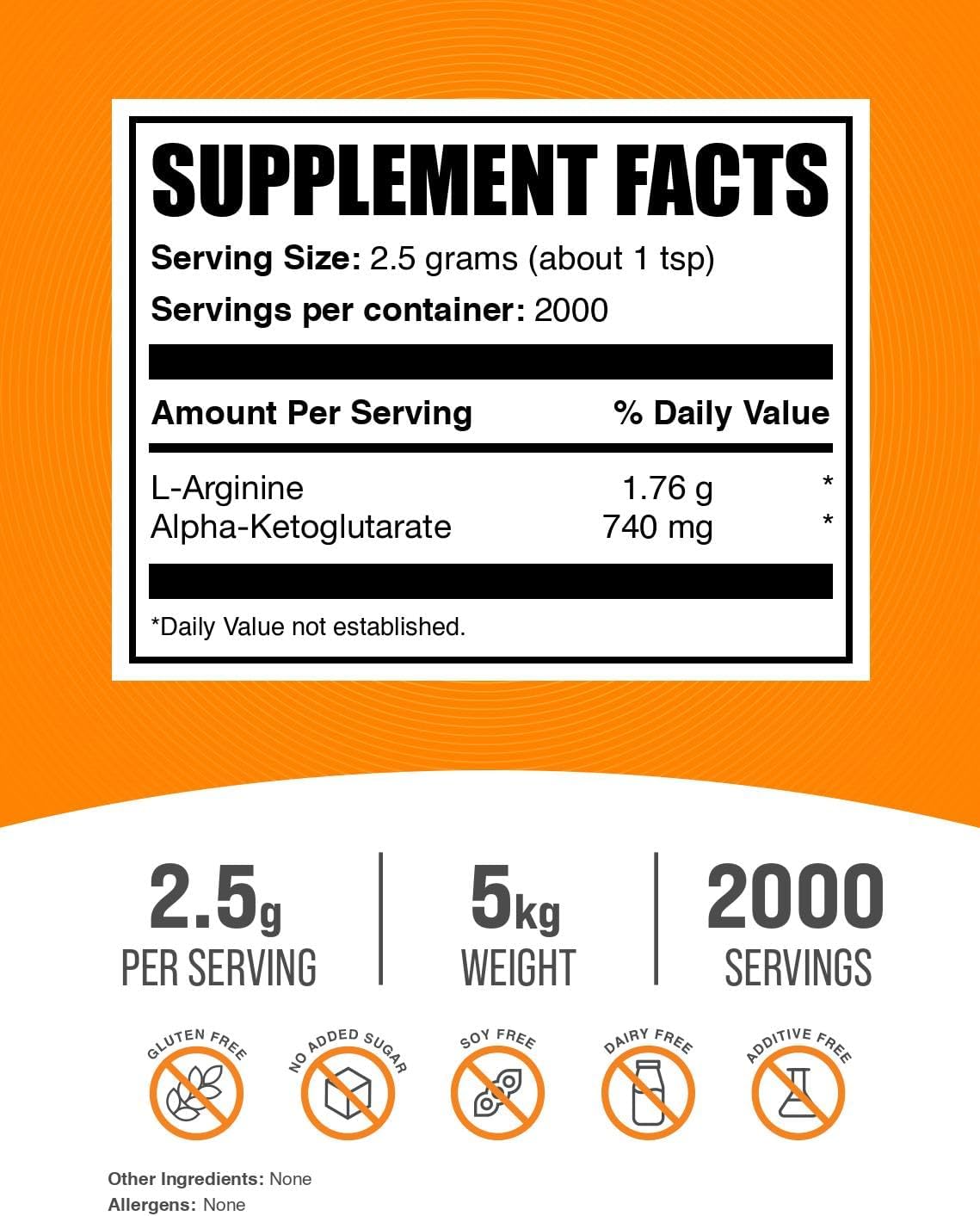 BulkSupplements.com AAKG Powder - Unflavored Arginine Alpha-Ketoglutarate Supplement, Gluten-Free, 2500mg per Serving, 5kg (11 lbs) - Pack of 5