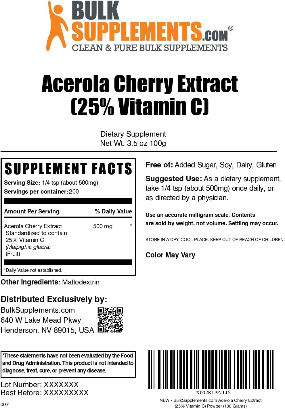 BulkSupplements.com Acerola Cherry Extract Powder - Vegan & Gluten Free Vitamin C Supplement, 500mg per Serving, 100g (3.5 oz) - Pack of 1