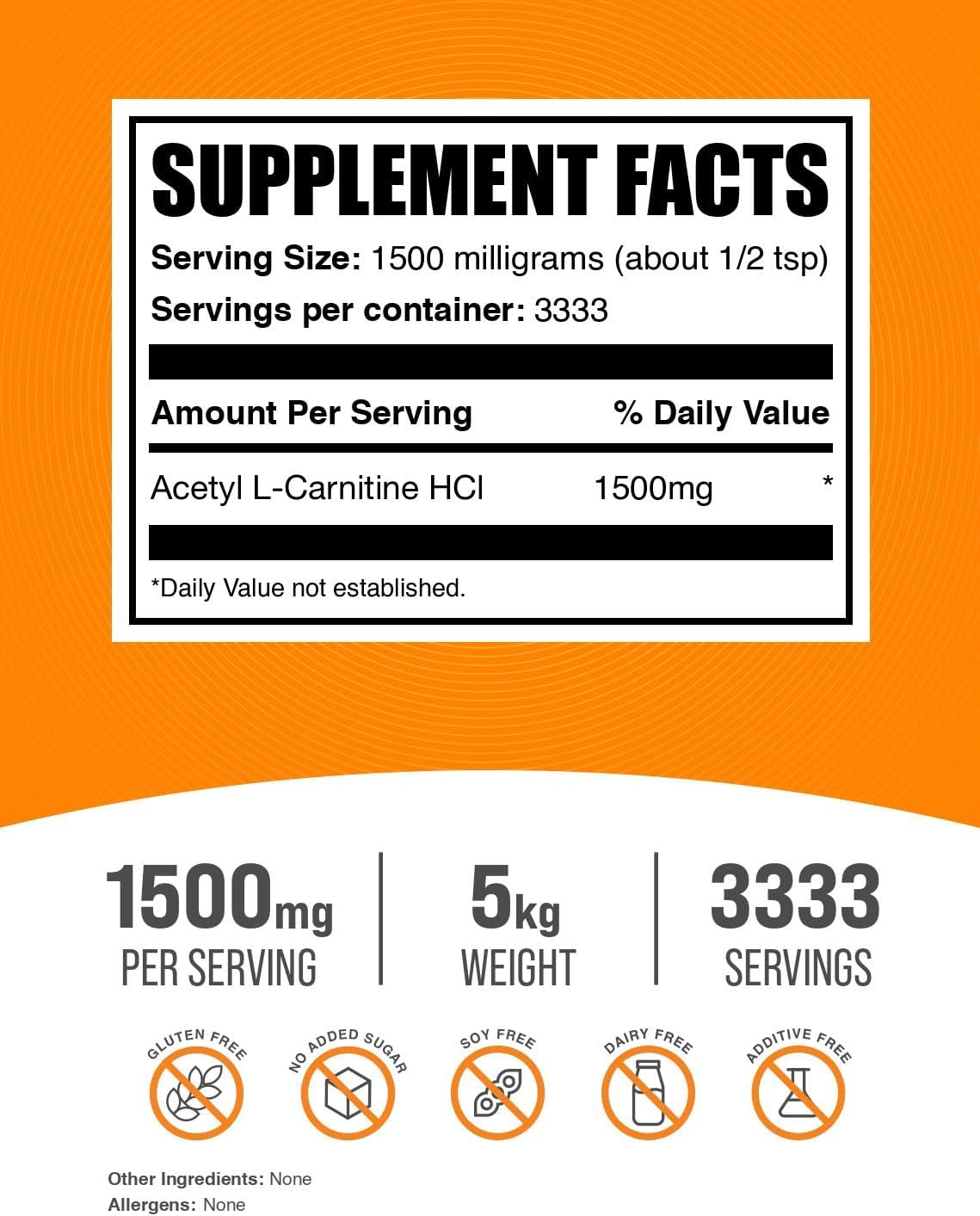 BulkSupplements.com Acetyl L-Carnitine Powder 1500mg - ALCAR Supplement, 5kg (11 lbs) Pack of 5 - Gluten Free Carnitine Powder