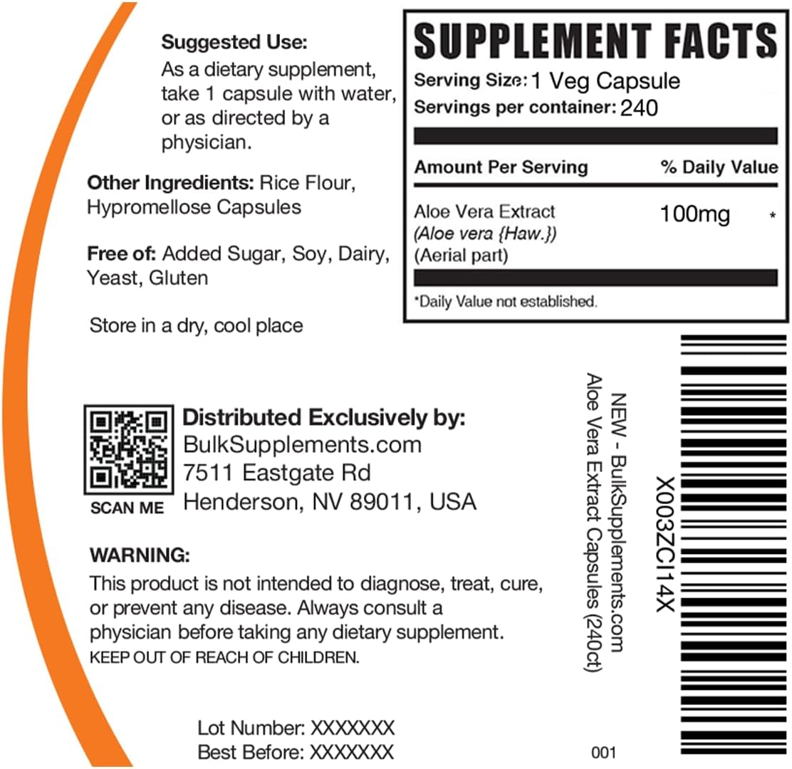 BulkSupplements.com Aloe Vera Extract Capsules - Herbal Supplement, Gluten Free, 240 Veg Capsules - 1 Capsule Serving Size