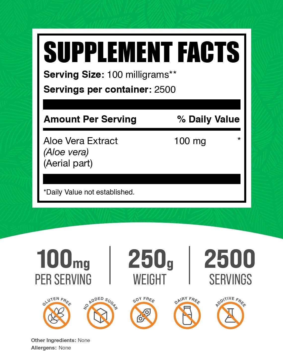 BulkSupplements.com Aloe Vera Extract Powder - 100mg per Serving, 250g - Pure & Gluten Free Herbal Supplement