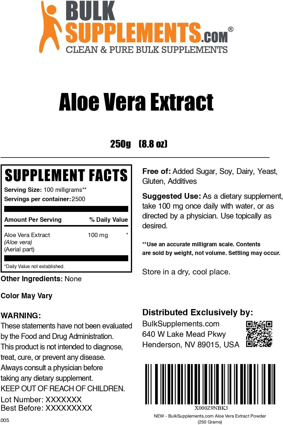 BulkSupplements.com Aloe Vera Extract Powder - 100mg per Serving, 250g - Pure & Gluten Free Herbal Supplement