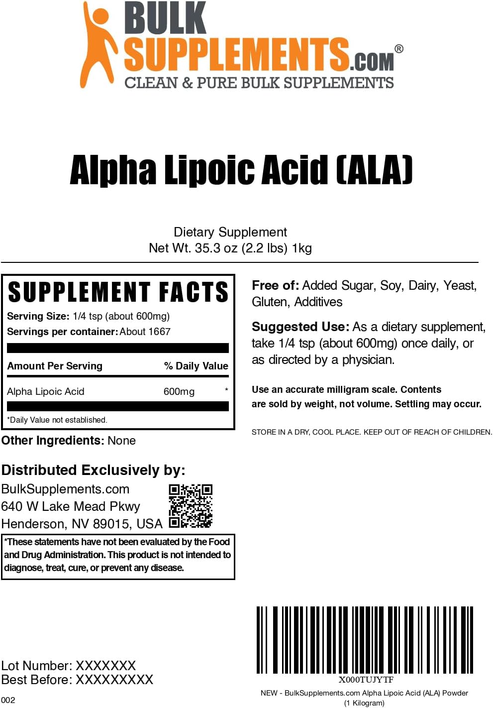 BulkSupplements.com Alpha Lipoic Acid Powder - 600mg ALA Supplement, Gluten Free Formula - 1kg (2.2 lbs) Pack