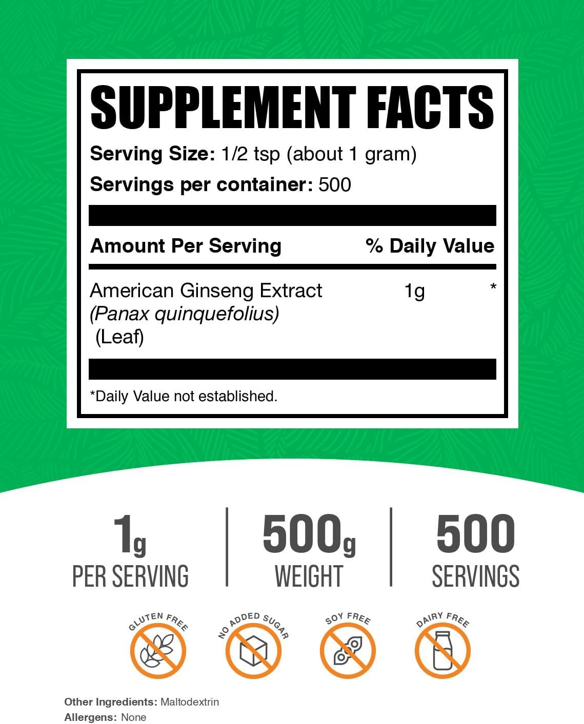 BulkSupplements.com American Ginseng Extract Powder - 500g (1.1 lbs) - 1000mg per Serving - Gluten Free - Ginseng Supplement