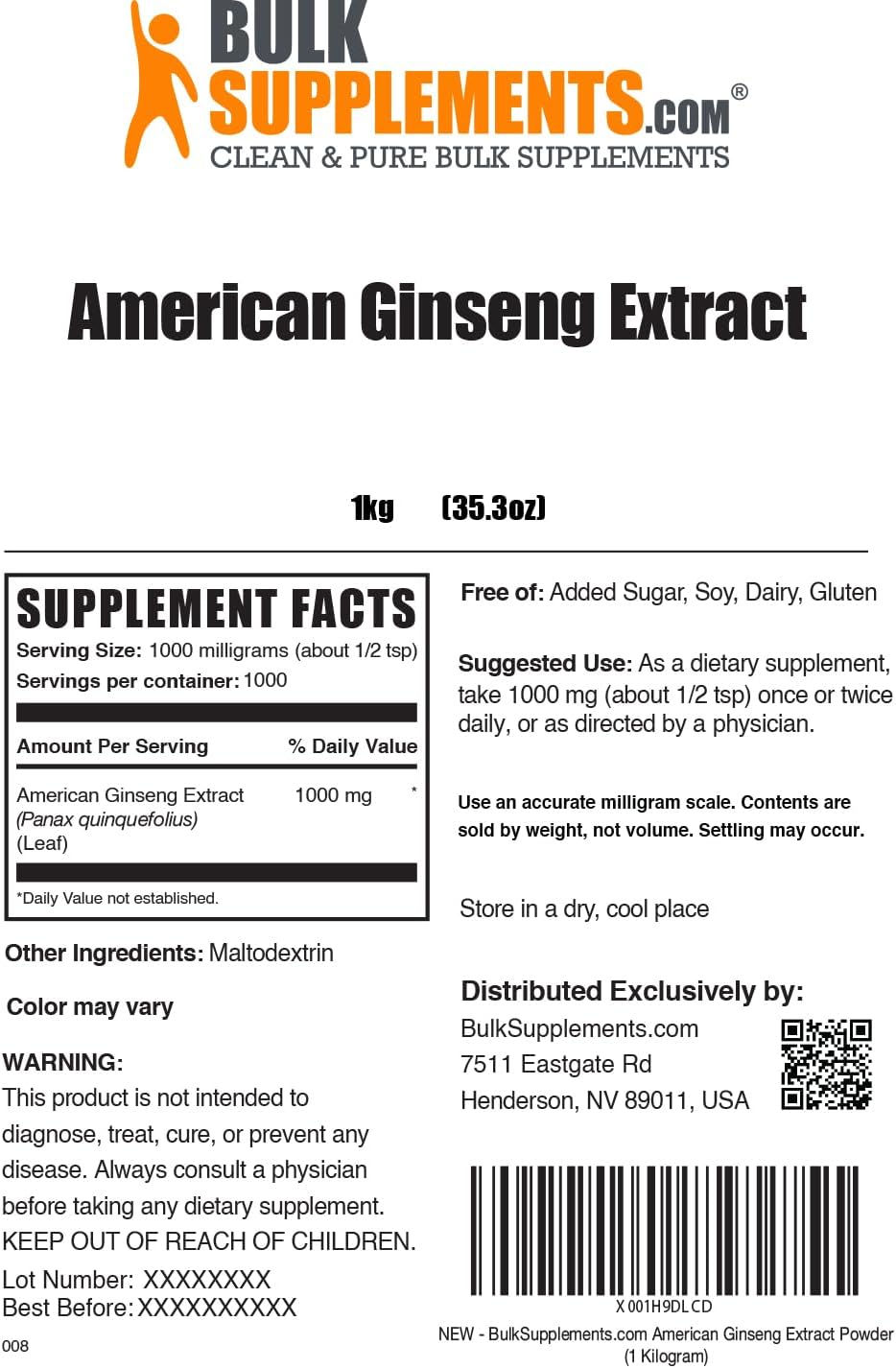 BulkSupplements.com American Ginseng Extract Powder - 1kg (2.2 lbs) - Gluten Free Ginseng Supplement - 1000mg per Serving - Herbal Supplements - Pack of 1