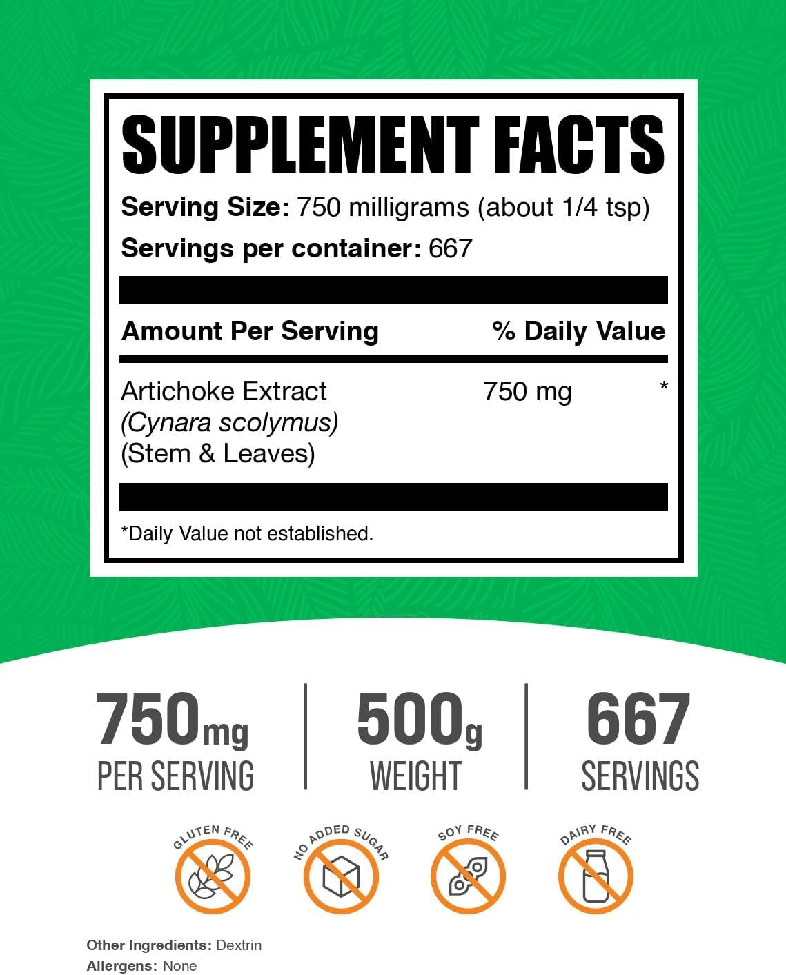 BulkSupplements.com Artichoke Extract Powder - 750mg per Serving, Herbal & Gluten Free Supplement, 500g (1.1 lbs) - Pure Artichoke Leaf & Stem Extract Powder (Pack of 1)