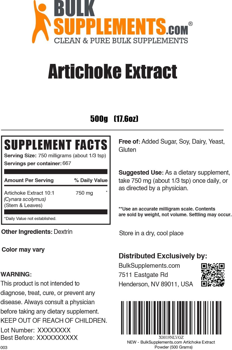 BulkSupplements.com Artichoke Extract Powder - 750mg per Serving, Herbal & Gluten Free Supplement, 500g (1.1 lbs) - Pure Artichoke Leaf & Stem Extract Powder (Pack of 1)