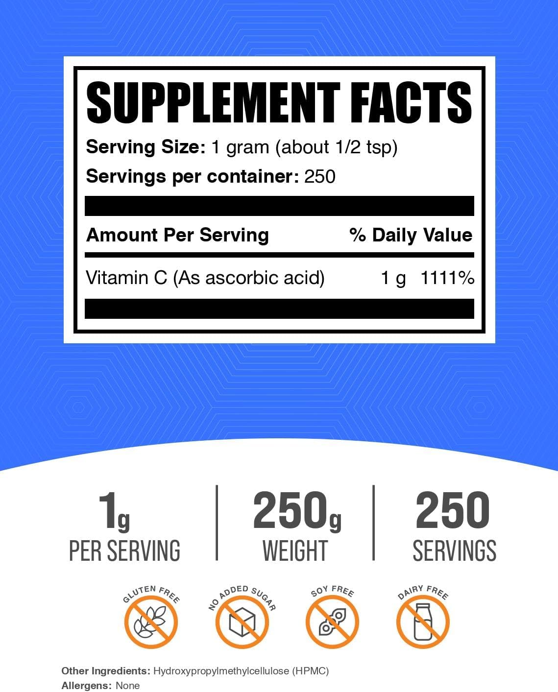 BulkSupplements.com Ascorbic Acid Powder - Food Grade Vitamin C Supplement - Immune Support - Gluten Free - 250g (8.8 oz) Pack