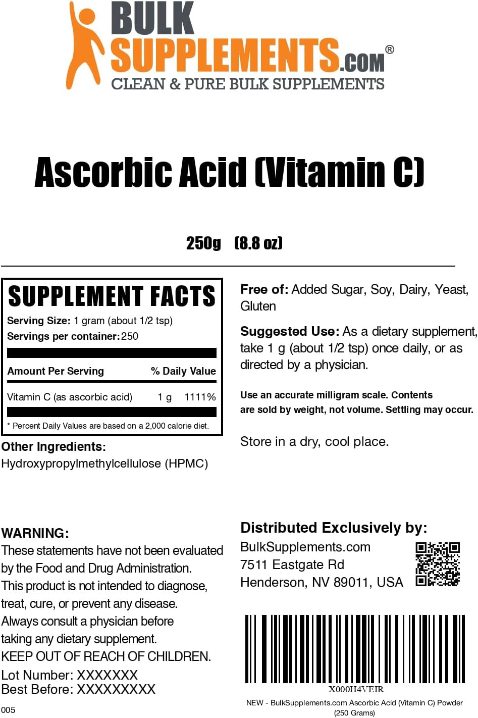 BulkSupplements.com Ascorbic Acid Powder - Food Grade Vitamin C Supplement - Immune Support - Gluten Free - 250g (8.8 oz) Pack