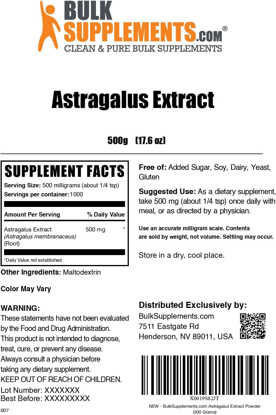 BulkSupplements.com Astragalus Root Extract Powder - 500mg per Serving, 500g (1.1 lbs) - Vegan & Gluten Free Dietary Supplement