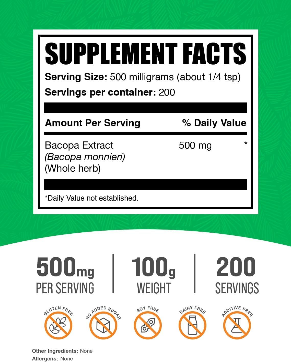 BulkSupplements.com Bacopa Monnieri Extract Powder - 100g (3.5 oz) - Vegan & Gluten Free - 500mg per Serving - Pack of 1