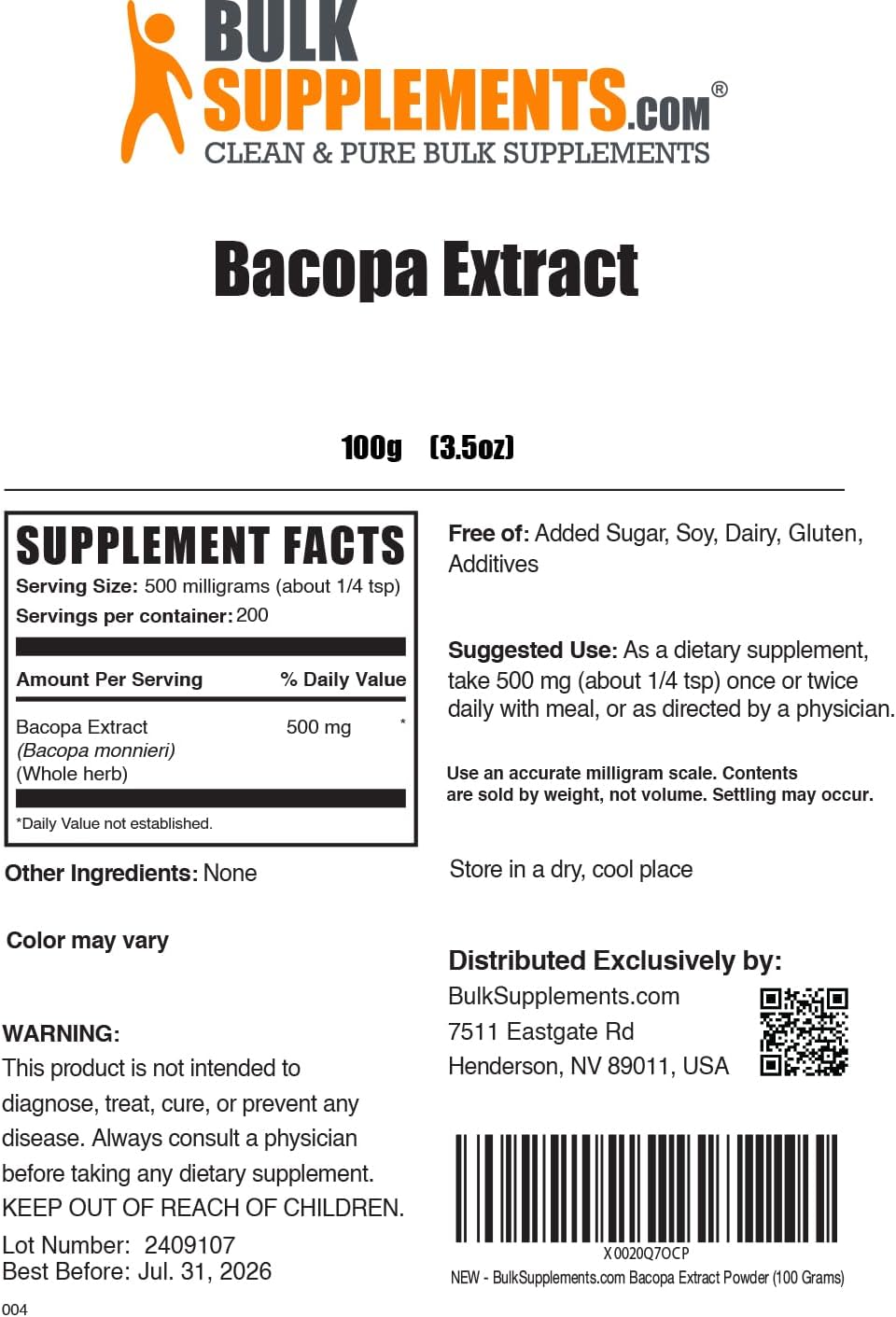 BulkSupplements.com Bacopa Monnieri Extract Powder - 100g (3.5 oz) - Vegan & Gluten Free - 500mg per Serving - Pack of 1