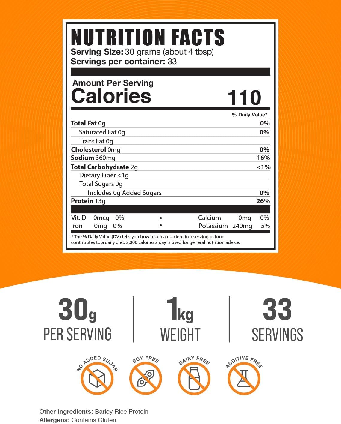 BulkSupplements.com Barley Rice Protein Powder 1kg (2.2 lbs) - Vegan Unflavored Dairy Free Protein Source, 30g per Serving