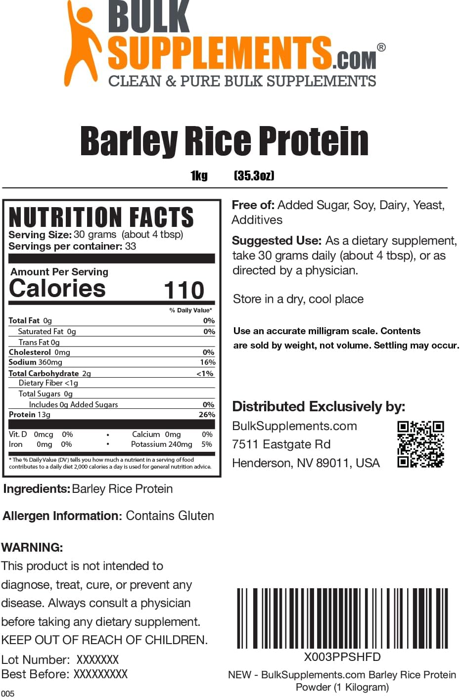 BulkSupplements.com Barley Rice Protein Powder 1kg (2.2 lbs) - Vegan Unflavored Dairy Free Protein Source, 30g per Serving