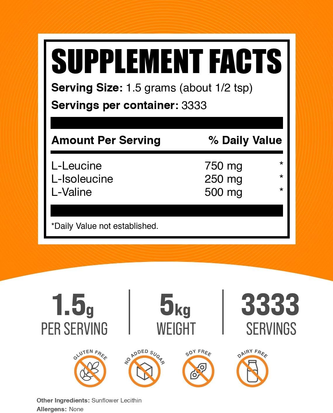 BulkSupplements.com BCAA 3:1:2 Powder - Unflavored & Gluten Free - 1500mg per Serving - Pack of 5 - BCAA Supplements