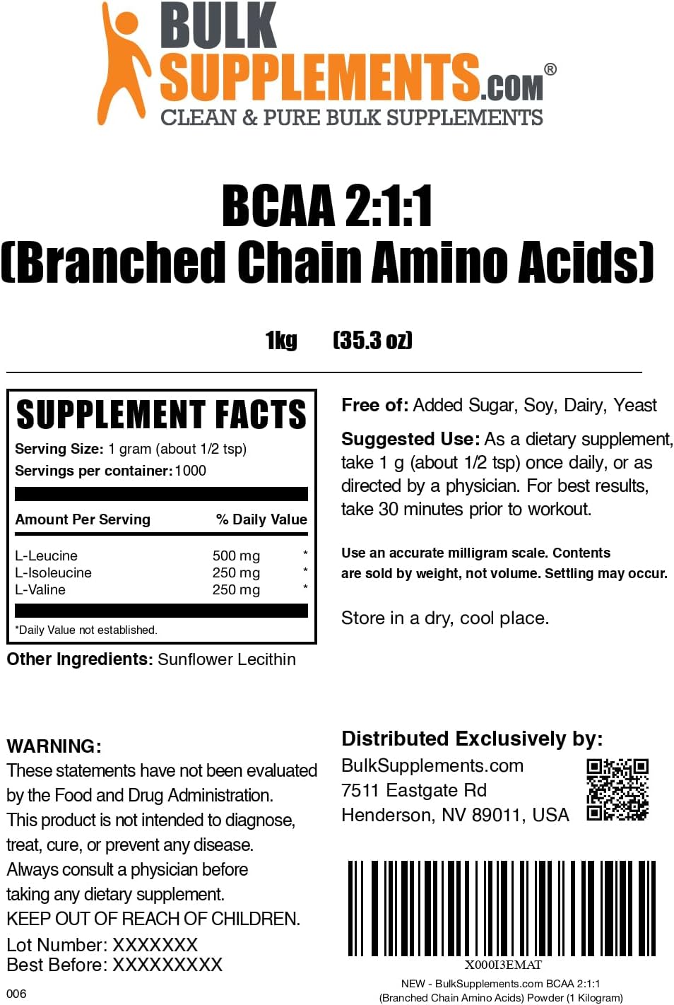 BulkSupplements.com BCAA Powder - Unflavored & Gluten-Free BCAA Supplement, 1000mg per Serving, 1kg (2.2 lbs) Pack of 1