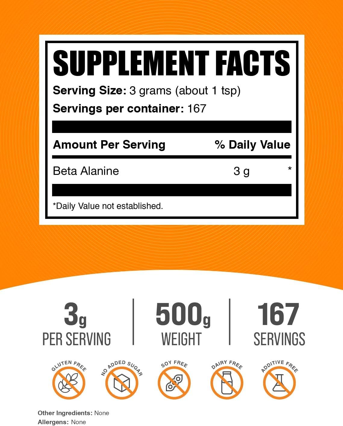 BulkSupplements.com Beta Alanine Powder - 500g (1.1 lbs) - 3000mg, Unflavored & Gluten Free - Pre Workout Supplement