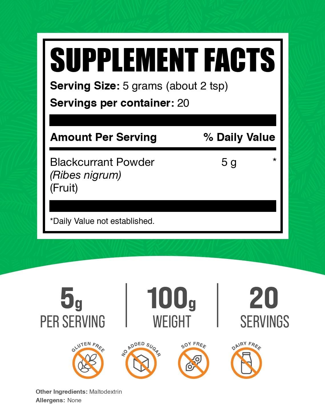 BulkSupplements.com Blackcurrant Powder - Superfood Supplement from Black Currant Berry, Gluten Free, 5g per Serving - 100g (3.5 oz) Pack