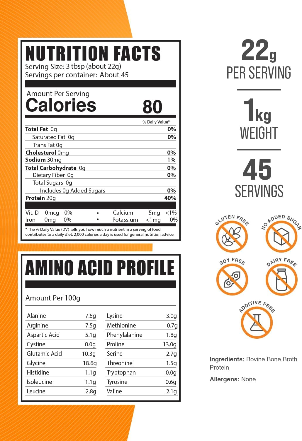 BulkSupplements.com Bovine Bone Broth Protein Powder - Lactose and Dairy Free, Gluten Free - 22g per Serving, 1kg (2.2 lbs) Pack of 1