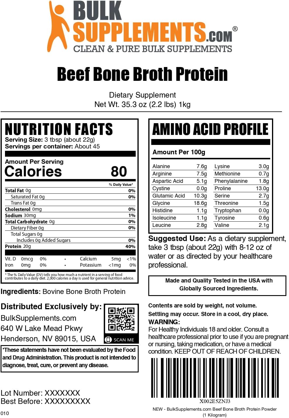 BulkSupplements.com Bovine Bone Broth Protein Powder - Lactose and Dairy Free, Gluten Free - 22g per Serving, 1kg (2.2 lbs) Pack of 1