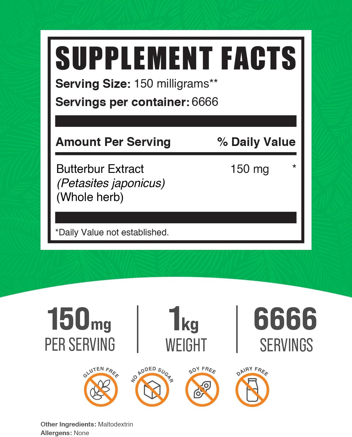 BulkSupplements.com Butterbur Extract Powder - 1kg (2.2 lbs) - Antioxidant Supplement, Vegan & Gluten Free - 150mg per Serving - Pack of 1
