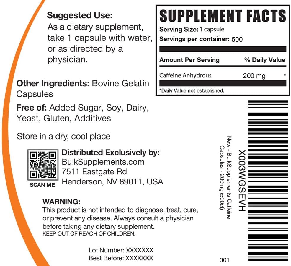 BulkSupplements.com Caffeine 200mg Capsules - Energy Support Pills, 1 Capsule per Serving, 500 Count Pack