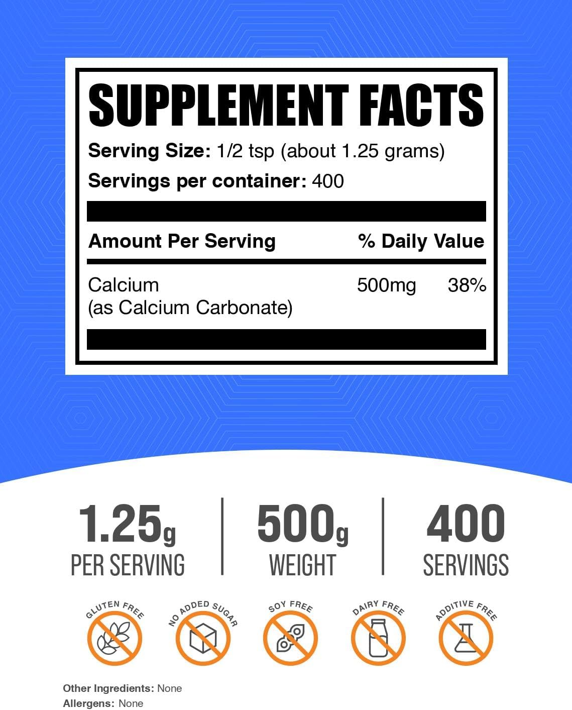 BulkSupplements.com Calcium Carbonate Powder - High-Quality Calcium Supplement, 500mg per Serving, Food Grade, 500g (1.1 lbs) Pack