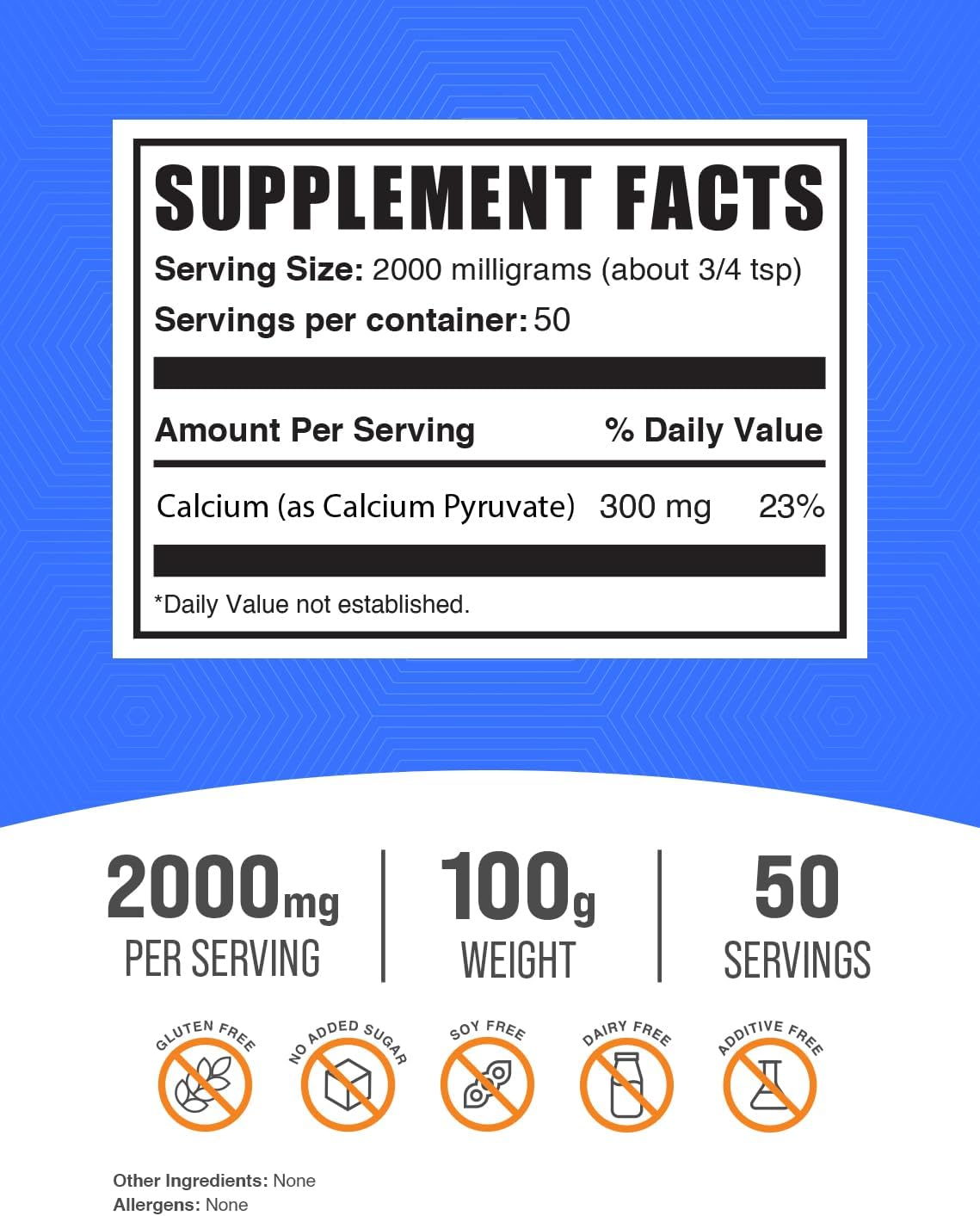 BulkSupplements.com Calcium Pyruvate Powder - 2000mg (300mg Calcium) per Serving - 100 Grams - 3.5 oz - Calcium and Pyruvate Supplement