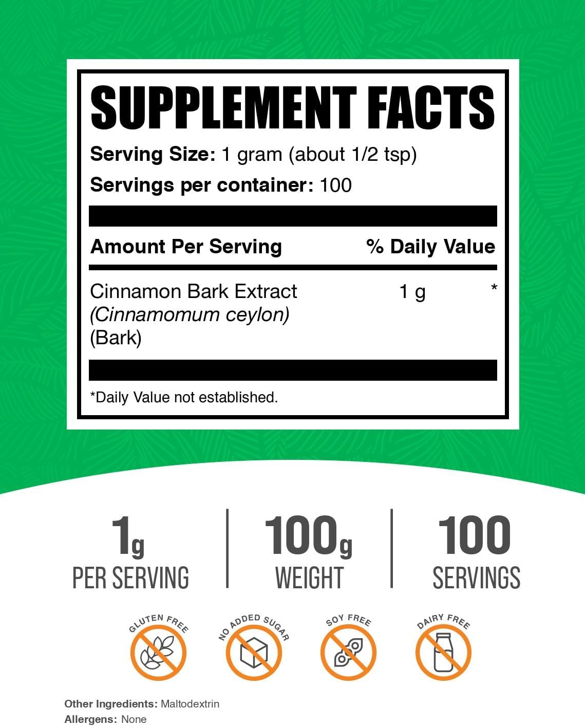 BulkSupplements.com Ceylon Cinnamon Extract Powder - Cinnamon Supplement, 1000mg per Serving - Gluten & Soy Free - Pack of 1, 100g