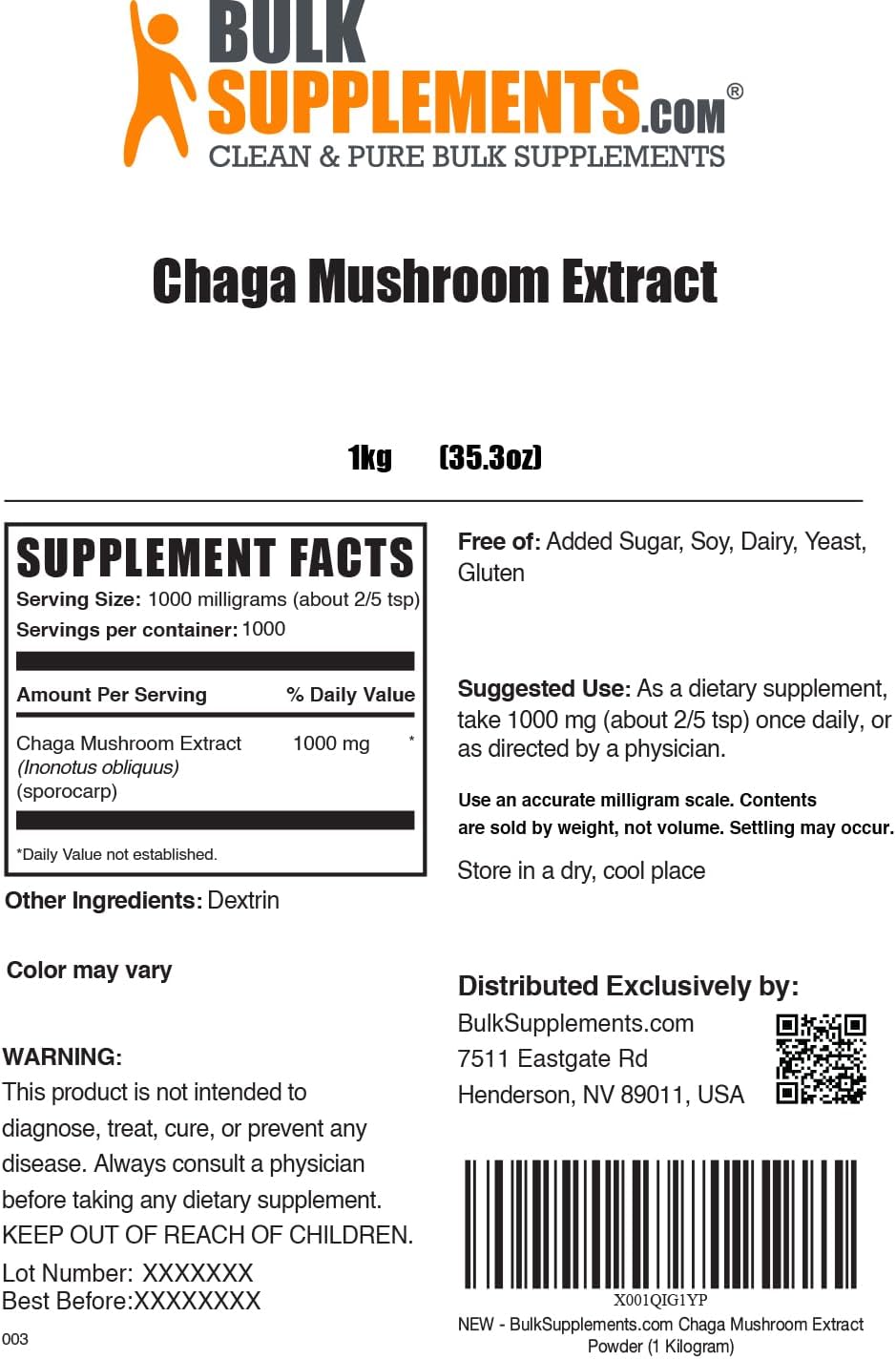 BulkSupplements.com Chaga Mushroom Extract Powder - 1000mg per Serving, Gluten Free Supplement in Bulk (5kg)