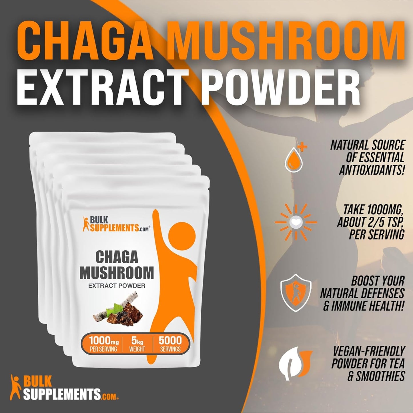 BulkSupplements.com Chaga Mushroom Extract Powder - 1000mg per Serving, Gluten Free Supplement in Bulk (5kg)